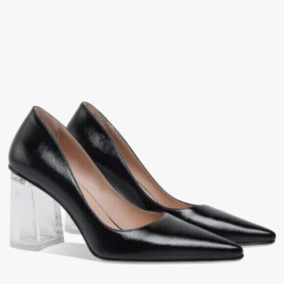 Marc Fisher Ltd Black Patent Leather Pointed Toe Clear Block Heels - Picture 2 of 16